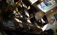 Looking down onto the busy bar