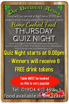 Quiz Night very popular with the locals please book a table if you would like to join us. Best quiz team winn 7 FREE pints. We also have a Bingo session after the quiz.